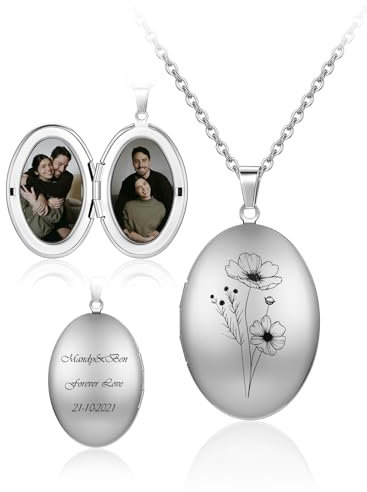PiercingJak Personalisierte Foto Halskette Geburtsblume Kette mit Gravur Oval Bilder Medaillon zum öffnen Amulett Anhänger Blume Muster Geburtstag Geschenke für Damen Herren