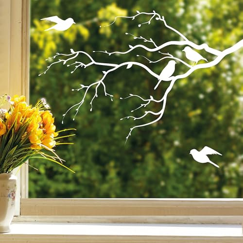 Wandtattoo Loft Fensterbilder Frühling - Weißer Zweig mit Vögeln, A4 Bogen Wiederverwendbar - Fensterdeko Selbstklebend, Fensterfolie für Fenster