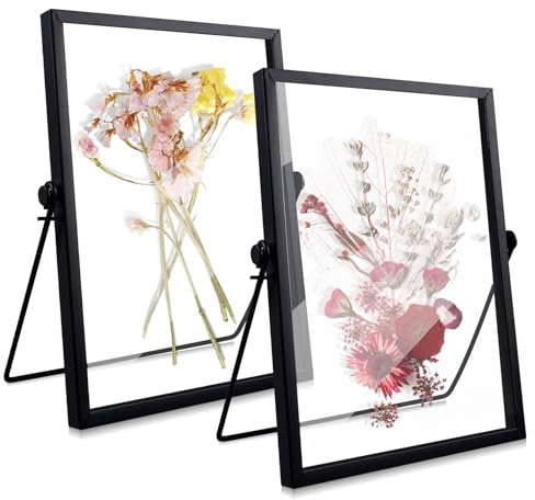 WANDGU 2 Stück Bilderrahmen Stehend Glas: 15 X 20 cm Glasrahmen für Gepresste Blumen, Glas Metall Fotorahmen für Desk Decor DIY Bilder, Getrockneter, Blumen Artwork, Bild Display (Schwarz)