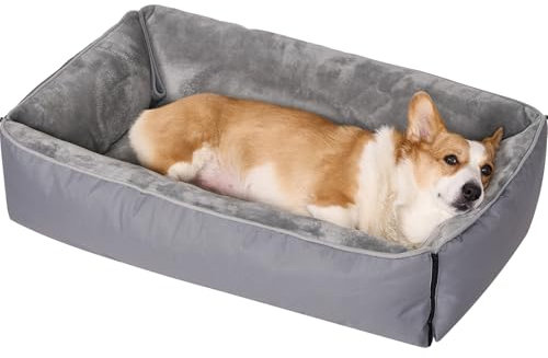 Dogat Hundebett waschbar, Hundesofa, 89x64cm | 4 Größen (S-XL), Flanell-Oberfläche, rutschfest, Hundekissen mit Reißverschluss für kleine, mittlere & große Hunde, Grau
