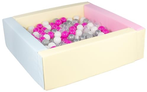 Velinda Piscine à balles carrée avec 300 balles, Cuir écologique, 5 éléments (Couleur de la Piscine/de balles: Rose, Bleu, Jaune (Pastel)/Blanc, Transparent, Rose, Gris, Argent)
