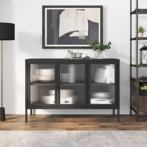 Fasba Sideboard, Kommode mit Einer einstellbaren Ablage, Highboard Wohnzimmerschrank mit Glastür, Einlegeboden, Schrank Anrichte Beistellschrank, Schwarz Glas Stahl