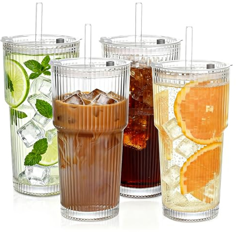 4 Piezas 600ml Vasos de vidrio con tapas y popotes, taza de café helado, Vaso Cristal con Tapa y Pajita, Tazas de Vidrio de Burbuja, herméticos y resistentes al agua, para Agua,Jugo,Café,Batidos
