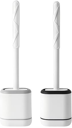 FUKTSYSM Toilet Brush, 2 Pack Bathroom Silicone Toilet Brushes and Holder Sets with No-Slip Silicone Handle and Soft Flexible Bristles, with holders and Base for Anti-drip (Flooring/Mounted Wall)