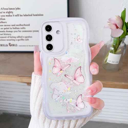 YANJIEER Glitzer Hülle für Samsung Galaxy A14 4G/5G transparente mit Niedliche Schmetterling, Sternen, Lockige Wellen Rahmenform, Stoßfest Schutzhülle für Damen/Mädchen Weiß