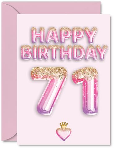 71st Birthday Cards for Women and Men, Pink & Purple Glitter Balloons | Happy Birthday Card for 71 Year Old Man Woman Wife Dad Cousin Grandma, A5 Bday Greeting Cards