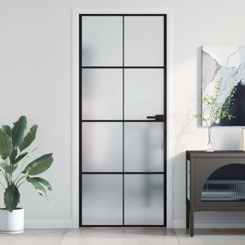 Qnhdfrt Innentür 83x201,5 cm Schwarz Matt Hartglas & Aluminium Modernes Zimmer Türblatt mit Zarge für Wohnung Büro Schlafzimmer