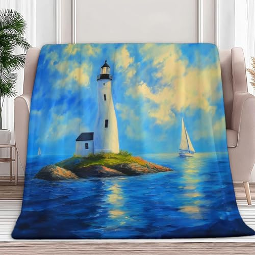 Flanelldeckes Blau, Ölgemälde Leuchtturm Insel Weich Comfort Flanelldecke Decke Kuscheldecke Tagesdeck Sofadeckes für Couch Bett Sofa Deko, Herbst Winter, 100 x 130 cm