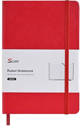 SUIN Professionelles A5-Notizbuch für die Arbeit, liniert, 100 g/m² Augenpflegepapier, Kunstledereinband, A5-Tagebuch für Business, Schule und Notizen, Rot, 1 Stück