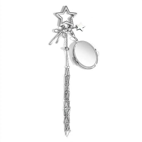 Lipgloss-Halter mit Spiegel, 2-in-1 Edelstahl-Lippenstift-Halter, Schlüsselanhänger für Geldbörse, glitzernde Kristalle, Lipgloss-Aufbewahrung, silber, Star, Schick