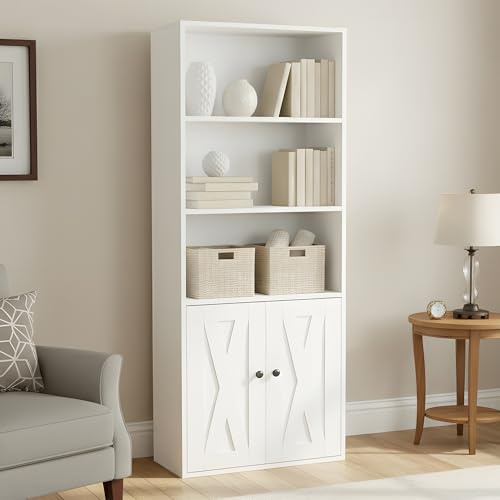 buybyroom Bücherregal mit Türen, Vitrinenschrank Wohnzimmer, Buffetschrank Küche, 60×30×151cm, Standregal für Arbeitszimmer, Büro, Wohnzimmer, Schlafzimmer, Weiß, 1 Stück
