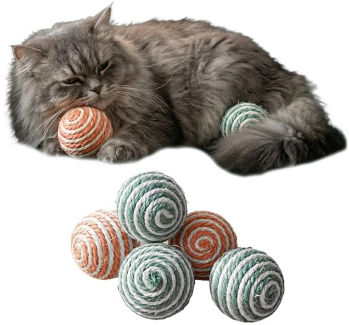 FooYee 5 Stück Sisal Ball Katze, Katzenspielzeug Bälle, 4,3 cm Sortierte Farbige Sisalbälle für Katzen zum Kratzen, Klopfen, Beißen Oder Jagen, Interaktives Katzenspielzeug für Drinnen Katzen