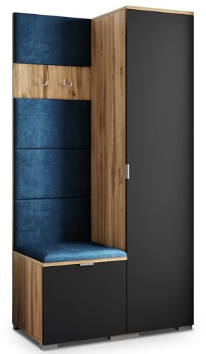 Masseno Flugarderoben Set Lori, Kleiderschrank-Set mit Sitzbank, Garderobenschrank Flur mit 3 Regalböden, Eiche Wotan/Schwarz