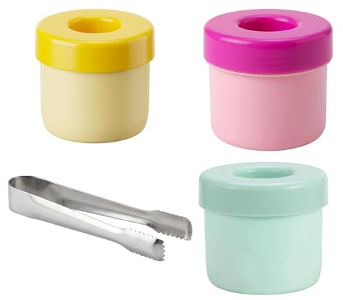 Small Ice Cube Tray, 3Pcs Mini Ice Cube Trays and 1Pc Tongs, Ice Bucket with Lid, Reusable Mini Ice Maker for Freezer Home Use, 7.5 x 6cm Silicone Cups with 12.5cm Tongs