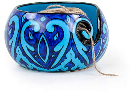 Nagina International Ceramic Attractively Hand Painted Gorgeous Stoneware Yarn Ball Storage Bowl With Innovative Dispensing Curl | Knitting & Crochet Accessions (Large, Deep Water Blue)