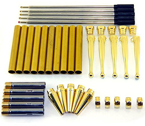 Woodturning Fancy Slimline Pen Kit Set x 5, Gold Finish, Twist Mechanism