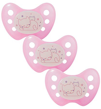 dentistar Night Silikon Schnuller 3er-Set - Größe 2, 6-14 Monate - Glow in the Dark Nuckel mit Dentalstufe – BPA-frei – Made in Germany - Katze, Rosa