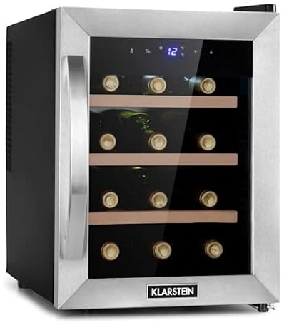 KLARSTEIN Cantinetta Vino, Cantinetta Vino Refrigerata a Zona Singola per Interno/Esterni, Frigo Bar, Cantina Vino con Vetrina, Mini Bar con Protezione UV, Frigo Vino Touch, 11-18°C, 12 Bottiglie