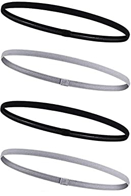 LATRAT 4 Stück Sport-Haarbänder, elastisch, rutschfest, dick, elastisch, für Yoga, Fußball, Joggen, Band Haare, für Damen und Herren (schwarz, grau)