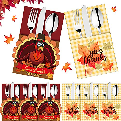 36 Pieces Thanksgiving Utensil Cutlery Holders Cutlery Wraps Bag with Maple Leaf and Turkey Give Thanks Cutlery Pouch Holder Silverware Pouch Bags for Fall Harvest Party Supplies Thanksgiving Decor