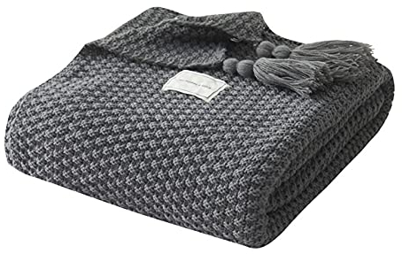 Zoomlie Wendbare Decke aus 100 % Acryl, große Strickdecke mit Fransen, Fransen, Schal, weich, warm, gemütlich, Bettdecke für Sofa, Doppelbett, Büro, Couch, Stühle (grau, 180 x 200 cm)