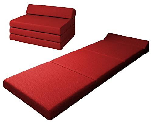 sunnypillow Premium Klappmatratze mit Kopfteil 80 x 220 x 10cm Rot | 4-teilige Faltmatratze mit abnehmbarem Bezug | Schaumstoff extra dick 10cm | Matratze klappbar Gästematratze Reisematratze |