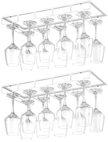 YunNasi Porta Bicchieri Sospesi Porta Calici Sottopensile Portacalici Sottomensola Appendi Calici da Vino Mantieni i Bicchieri Asciutti per Bar Ristorante Cucina, 2 Pezzi 5 Binari, Bianco