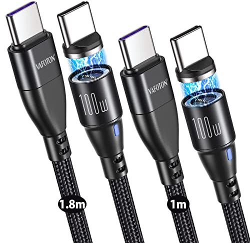 VAFOTON USB C auf USB C Magnet Ladekabel 9Pin, PD 100W 5A QC 4.0 Schnellladen & Datenübertragung Magnetisches Ladekabel, 2Pack [1M+1.8M ] für Samsung S22 Tablet Laptop Pad