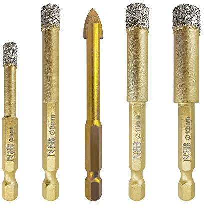 NBB Forets diamantés brasés avec tige hexagonale, connexion rapide, pour le perçage à sec sur la céramique, carrelage, granit, marbre, utilisés sur une perceuse à cordon ou sans fil (4, 6/8/10/12mm)