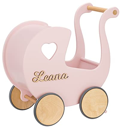 Puppenwagen ab 1 Jahr - Individuell mit Namen - Handgefertigter Puppenwagen - Holzpuppenwagen - Sicher Abgerundete Kanten - Ausdrucksstarke und Schöne Farben (Puderrosa)