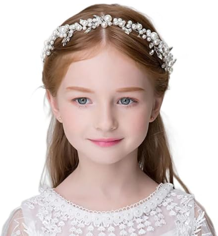 IYOU Blumenmädchen Perle Stirnband Weiß Strass Kopfschmuck Kristall Haarteil Prinzessin Kommunion Haarschmuck für Mädchen