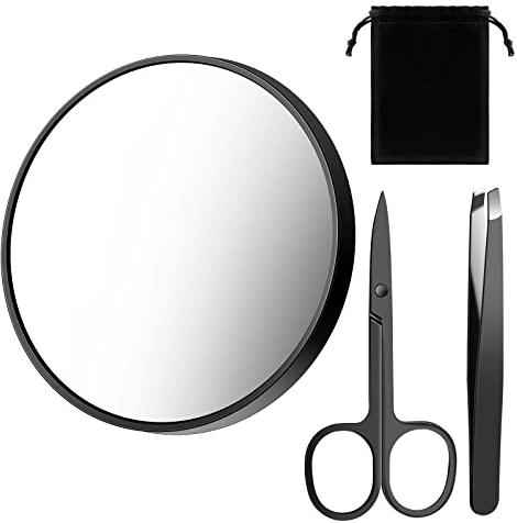 BBTO 20 Fach Vergrößerungsspiegel Pinzetten Schere Kit 20x Schminkspiegel mit Saugnäpfen Reise Kompaktspiegel mit Augenbraue Scheren Zupfpinzette für Damen Herren Make Up, 8,8 cm, Schwarz