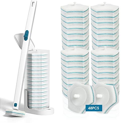 Toilet Wand Kit with 48 Refills, Disposable Toilet Bowl Brush Disposable Toilet Cleaning System Toilet Wand, Storage Caddy and 48 Toilet Brush Refill Cleaning Heads for Bathroom Cleaning