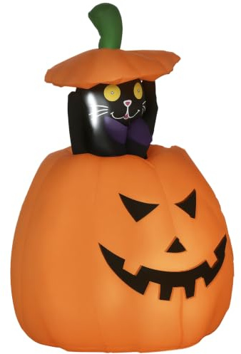 Outsunny 91-115 cm Aufblasbar Kürbisgeist mit beweglicher Katze | Halloweendekorationen, Halloween Deko, Helloween-Gartendeko, mit LED Lichter, Wasserdicht, für Indoor Outdoor Hof Rasen
