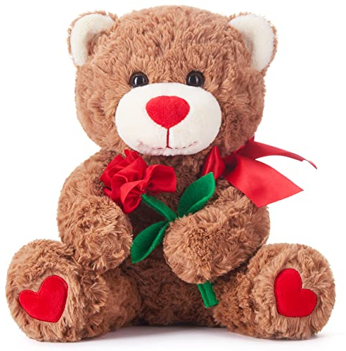 IKASA Teddybär Kuscheltier Liebes Plüschtier mit Schleife für Valentinstag, süßer 27cm Plüsch mit Rosen weichem Spielzeug, Valentinstagsgeschenke