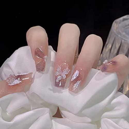 WOOXDYUK Nail Art Set,Press On Nails Medium French Tip, Crystal Butterfly Nails, Pack of 24 False Nails with Imported Jelly Glue +1 Nail rub +1 Alcohol Pack +1 Nail Remover