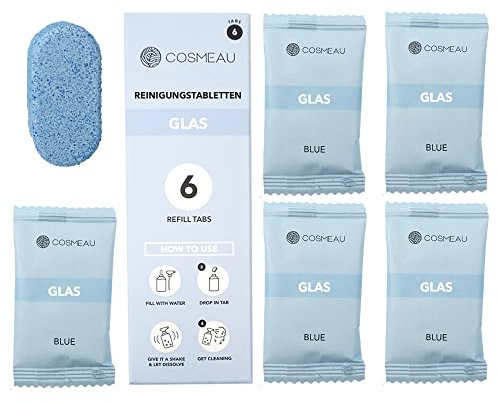 Cosmeau Nachhaltige Glasreiniger Geruchlos - 6 Konzentrierte Reinigungstabletten für Glas - in Wasser Auflösen und Sofort Einsatzbar - Plastikfrei und Nachhaltige Wahl