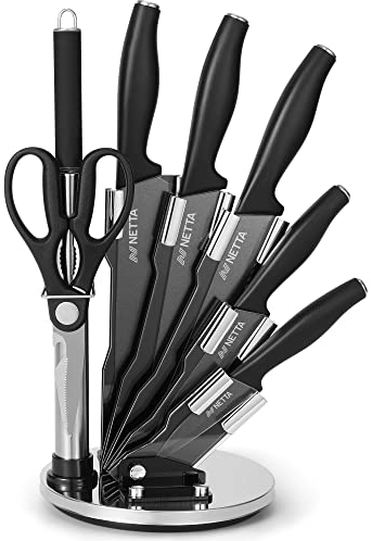 NETTA Kitchen Knife Set with Block - 7 Piece Stainless Steel - Premium Kitchen Set with Clear Storage Block, 5 Knives, Scissors, Knife Sharpener - Black