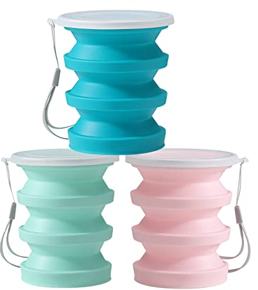 Faltbecher Silikon, Faltbare Tasse Silikon, Campingbecher Faltbar, Campingtassen Stapelbar, Tragbare Tasse Wiederverwendbare, Camping Klappbecher Mit Deckel, Ultradünne Reisebecher (3 Stück)