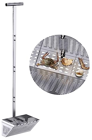 120 cm Sandflöhechen, MUSVOH Sandflöhe Rechen für Strand, 28,4 cm breiter trapezförmiger Korb mit 2 Stützstielen und Zähnen, abnehmbarer, langer ergonomischer T-Griff, Edelstahl