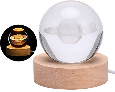 Bolas de Cristal de Galaxia 3D Luz Nocturna, Sistema Solar Bolas de Cristal Luz Nocturna, Base de Luz de Madera LED, Láser de Planeta Grabado Bolas de Cristal Holográficas Luz, Regalo de(Saturno)