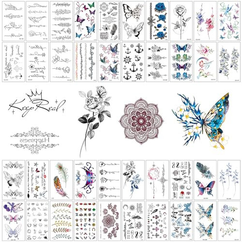 Sun Awesome 40 Feuilles tatouage ephemere femme faux temporaire Avec des fleurs et des mots inspirants A