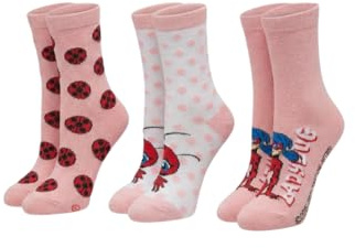 ONOMATO! Miraculous Ladybug Mädchen Socken 3er Pack, Kinder Baumwollsocken mit Marinette Motiven, Elastische Kindersocken für Mädchen in Rot & Schwarz, Offizielles Lizenzprodukt, Gr. 23-26 u. 27-30