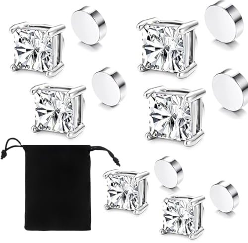 XOUDKE Ohrringe Herren Magnet Ohrringe Herren 3 Paar Magnetische Ohrstecker Edelstahl Für Männer Quadratisch CZ-Intarsien Nicht Durchbohrend CZ Klipp Ohrstecker Silber 5–7 mm