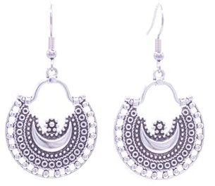 ZARZAMORA Pendientes Mujer Bohemio Vintage Plata Tibetana Acabado Antiguo y Acero Inoxidable Plateado - Aretes Colgantes Redondos Grandes Estilo Etnico tallado Media Luna -Regalo Original