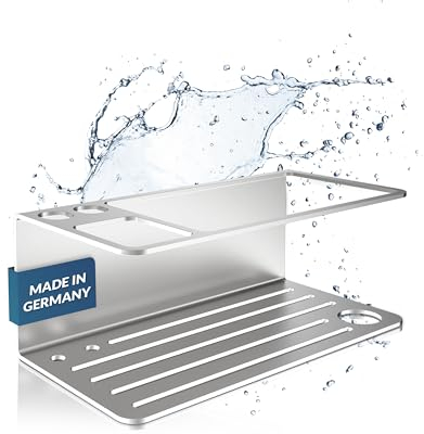 MM Steel Styles Badregal ohne Bohren mit Zahnbürstenhalter - Edelstahl Duschablage, Duschkorb - Leichte Montage mit Klebepad