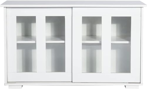 39F Furniture Dream Moderner Sideboard Schrank mit Glastüren und verstellbaren Einlegeböden, Glas PB, weiß, 107x34x63cm