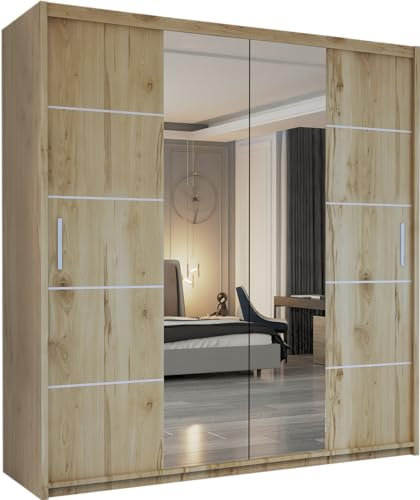 MN Furniture Wavy Sliding Mirror Door Wardrobe with Shelves, Hanging Rails Provide Plenty of Storage For Bedroom (Oak, 203cm)