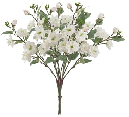 UIYIHIF 2 Pcs Artificial Mini Rose Bouquets 16.5 Inch Faux Rose Cherry Blossom Branches Stems 5 Forks Silk White Mini Climbing Roses Bushes for Wedding Party Home Office Decoration
