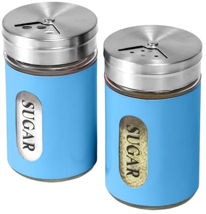 Sugar Shaker Duster Stainless Steel and Glass Set with Adjustable Pour Holes Cinnamon Shaker For Coffee Bar,set of 2 (Blue)
